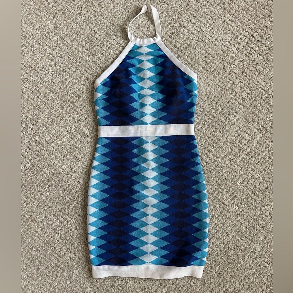 Valiant Paris Blue Geometric Halter Mini Dress with White Trim